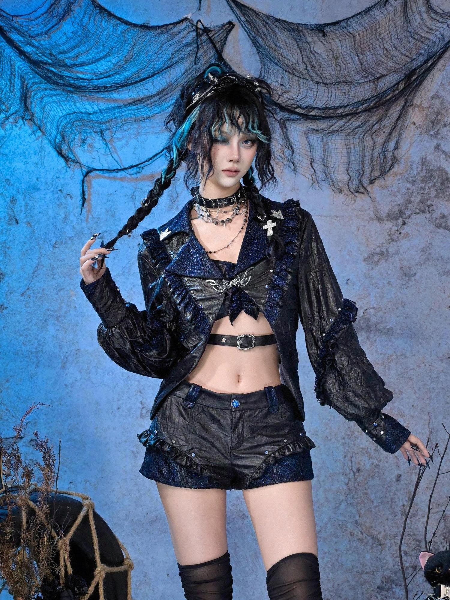 Virtual Orbit Studded Sparkle Lace Ruched Rock Women&