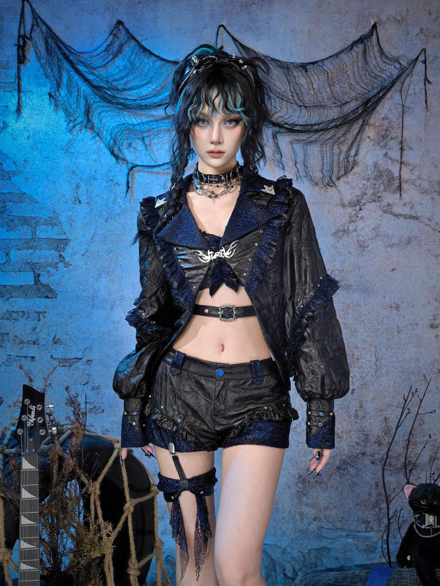 Virtual Orbit Studded Sparkle Lace Ruched Rock Women&