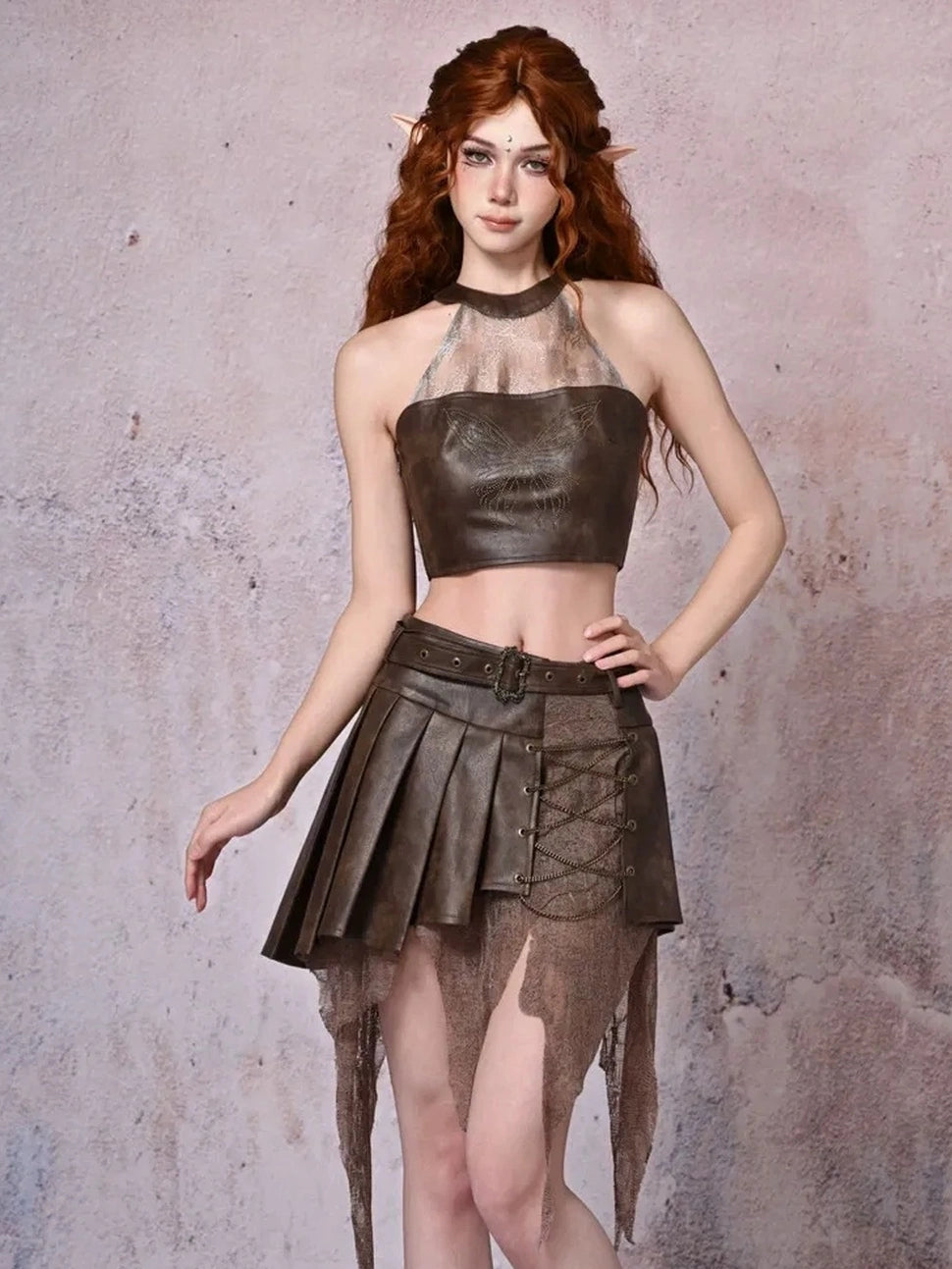 Virtual Orbit Urban Wander Asymmetrical Layered Leather Skirt