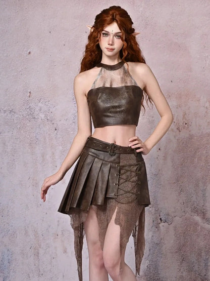 Virtual Orbit Urban Wander Asymmetrical Layered Leather Skirt