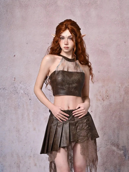 Virtual Orbit Urban Wander Asymmetrical Layered Leather Skirt