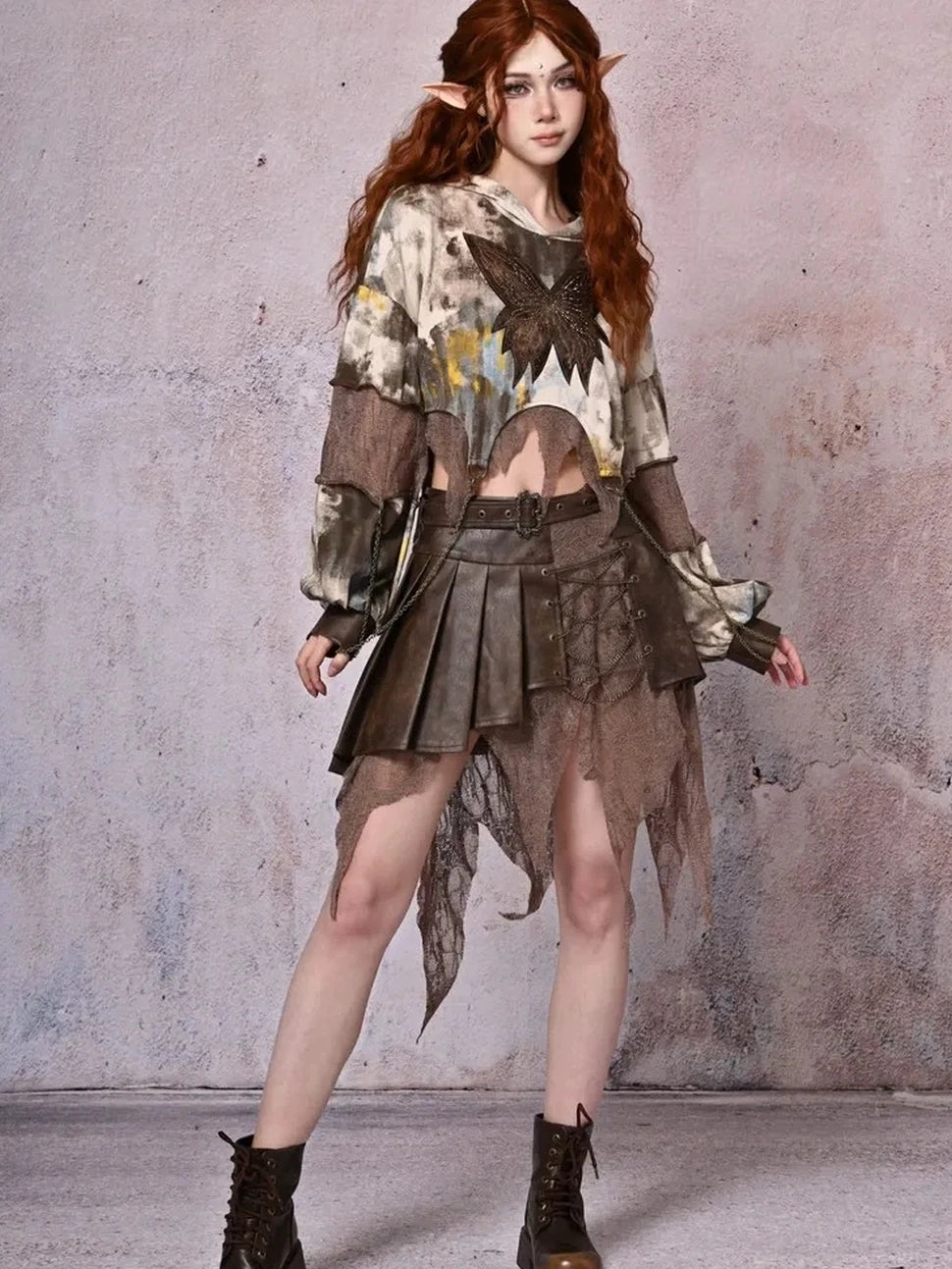 Virtual Orbit Urban Wander Asymmetrical Layered Leather Skirt