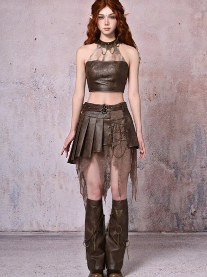 Virtual Orbit Urban Wander Asymmetrical Layered Leather Skirt