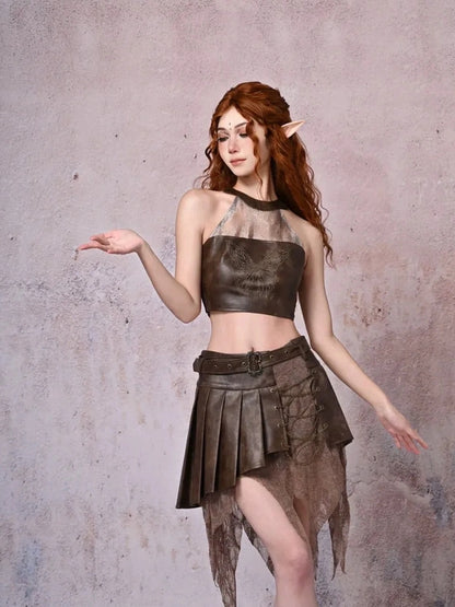 Virtual Orbit Urban Wander Asymmetrical Layered Leather Skirt