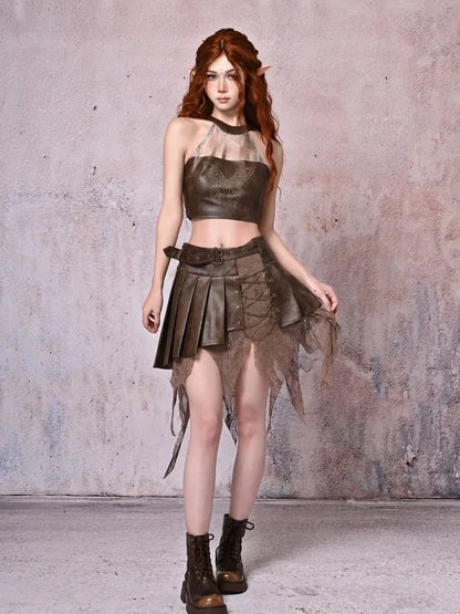 Virtual Orbit Urban Wander Asymmetrical Layered Leather Skirt