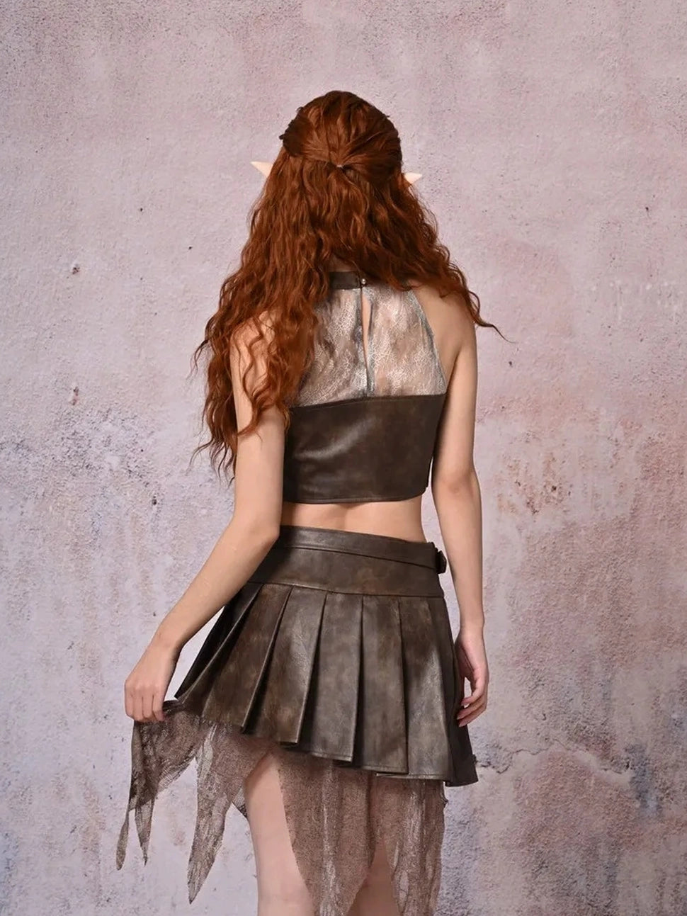 Virtual Orbit Urban Wander Asymmetrical Layered Leather Skirt