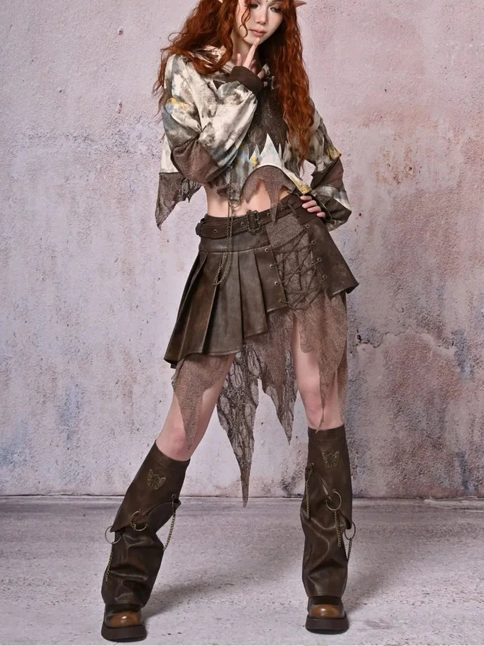 Virtual Orbit Urban Wander Asymmetrical Layered Leather Skirt