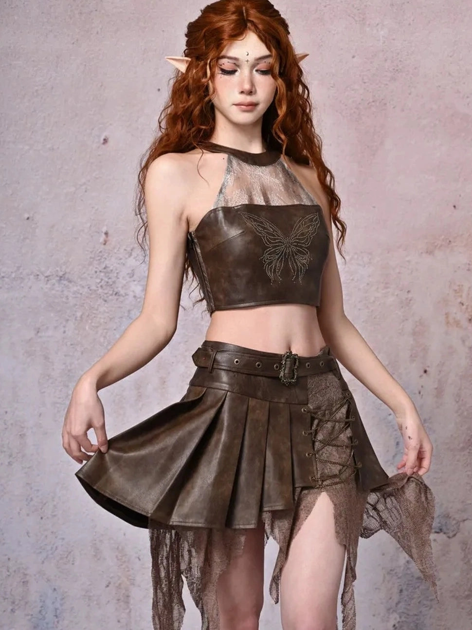 Virtual Orbit Urban Wander Asymmetrical Layered Leather Skirt
