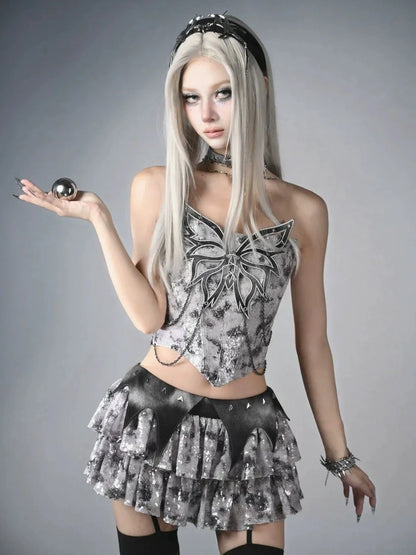Virtual Orbit V-neck Cyber Butterfly Chain Corset Top