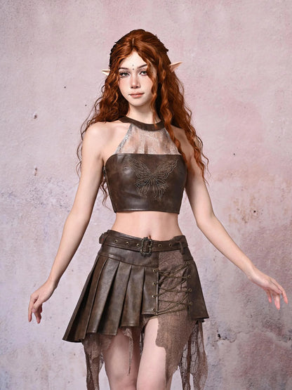 Virtual Orbit Vintage Boho Butterfly Lace Up Halter Top