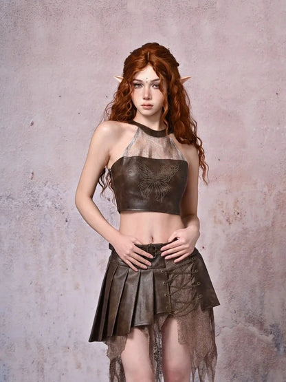 Virtual Orbit Vintage Boho Butterfly Lace Up Halter Top