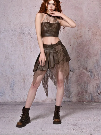 Virtual Orbit Vintage Boho Butterfly Lace Up Halter Top