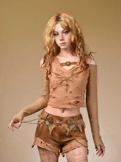 Virtual Orbit Vintage Distressed Leather Low Rise Shorts