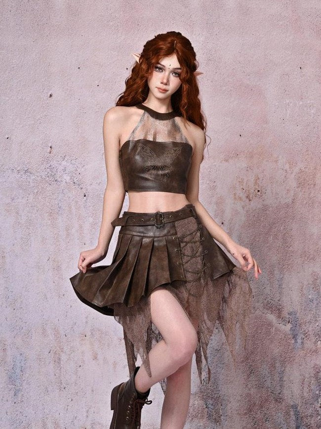 Virtual Orbit Vintage Distressed Patchwork Asymmetric Pleated Low Waist Women&