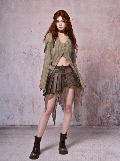 Virtual Orbit Vintage Distressed Patchwork Asymmetric Pleated Low Waist Women&