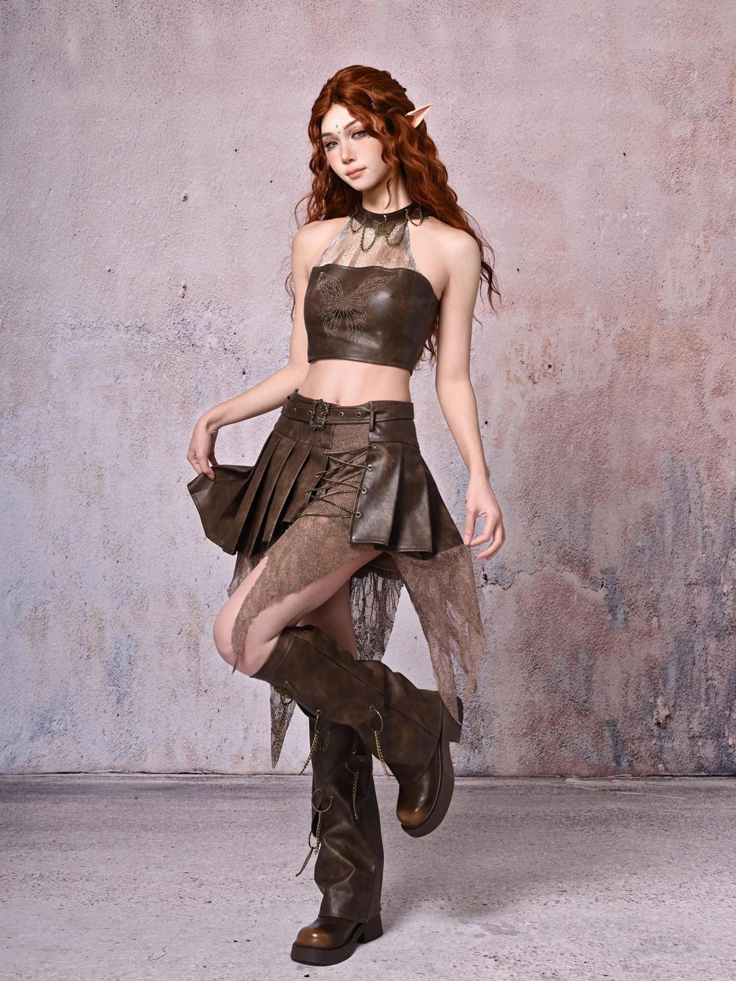 Virtual Orbit Vintage Distressed Patchwork Asymmetric Pleated Low Waist Women&