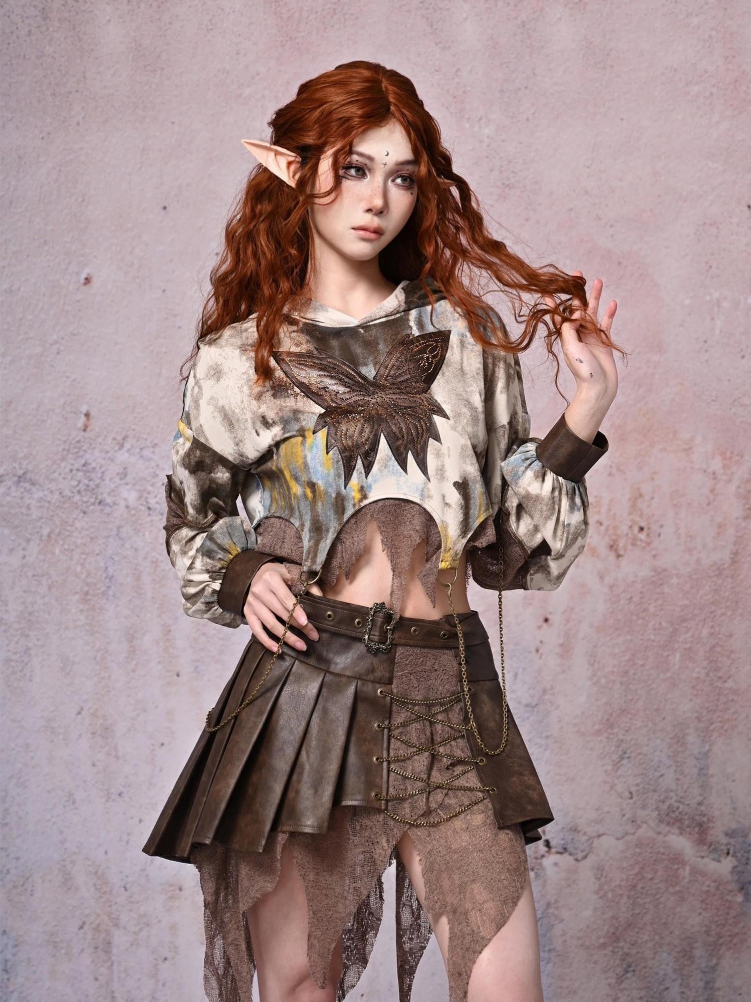 Virtual Orbit Vintage Distressed Patchwork Asymmetric Pleated Low Waist Women&