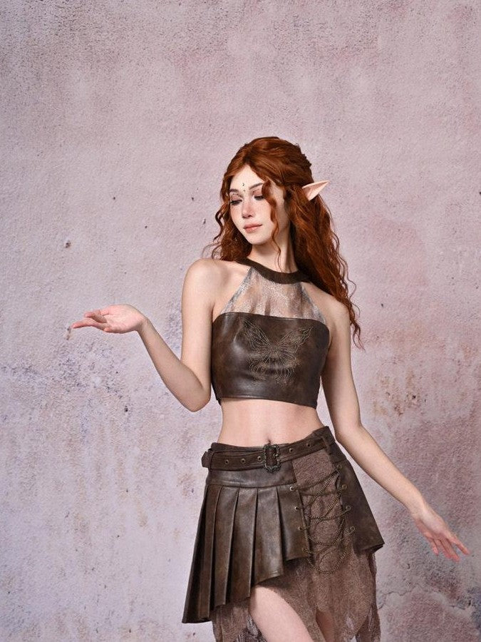 Virtual Orbit Vintage Distressed Patchwork Asymmetric Pleated Low Waist Women&