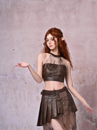 Virtual Orbit Vintage Distressed Patchwork Asymmetric Pleated Low Waist Women&