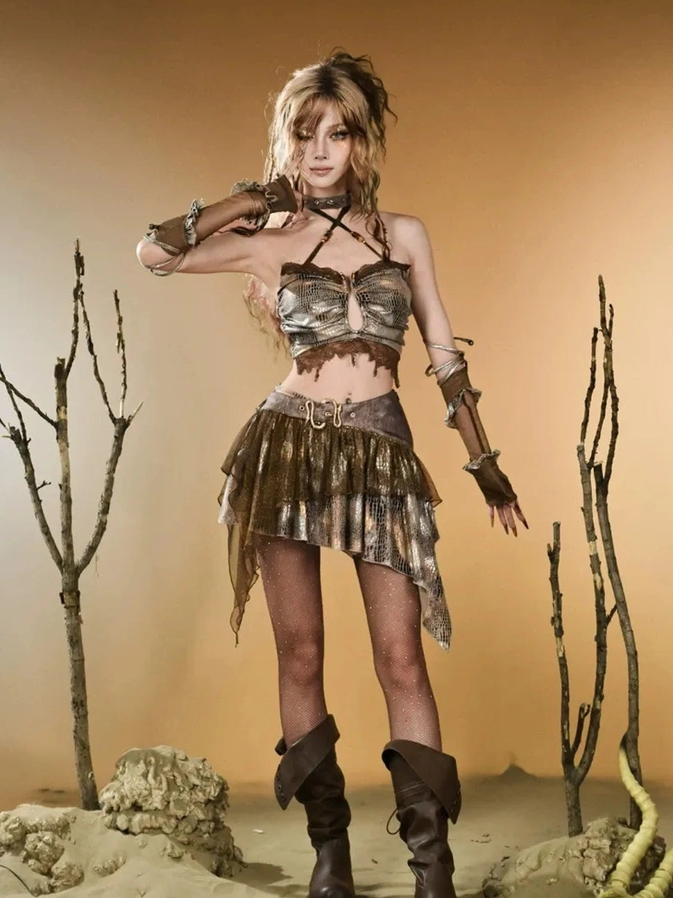 Virtual Orbit Vintage Snake Print Asymmetrical Low Waist Skirt