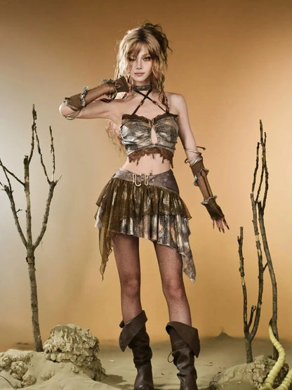 Virtual Orbit Vintage Snake Print Asymmetrical Low Waist Skirt