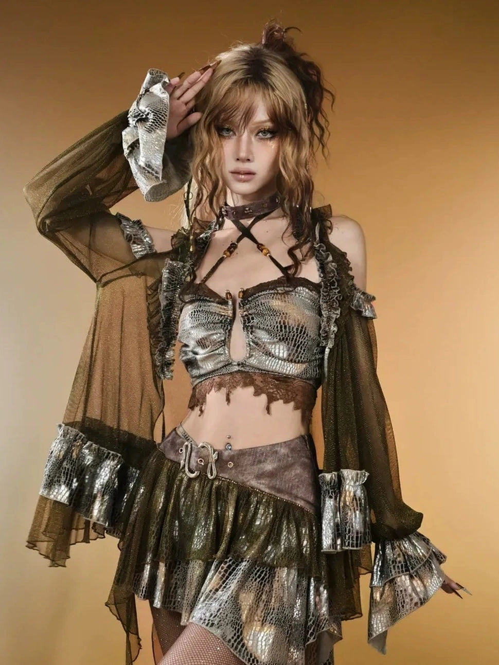 Virtual Orbit Vintage Snake Print Asymmetrical Low Waist Skirt