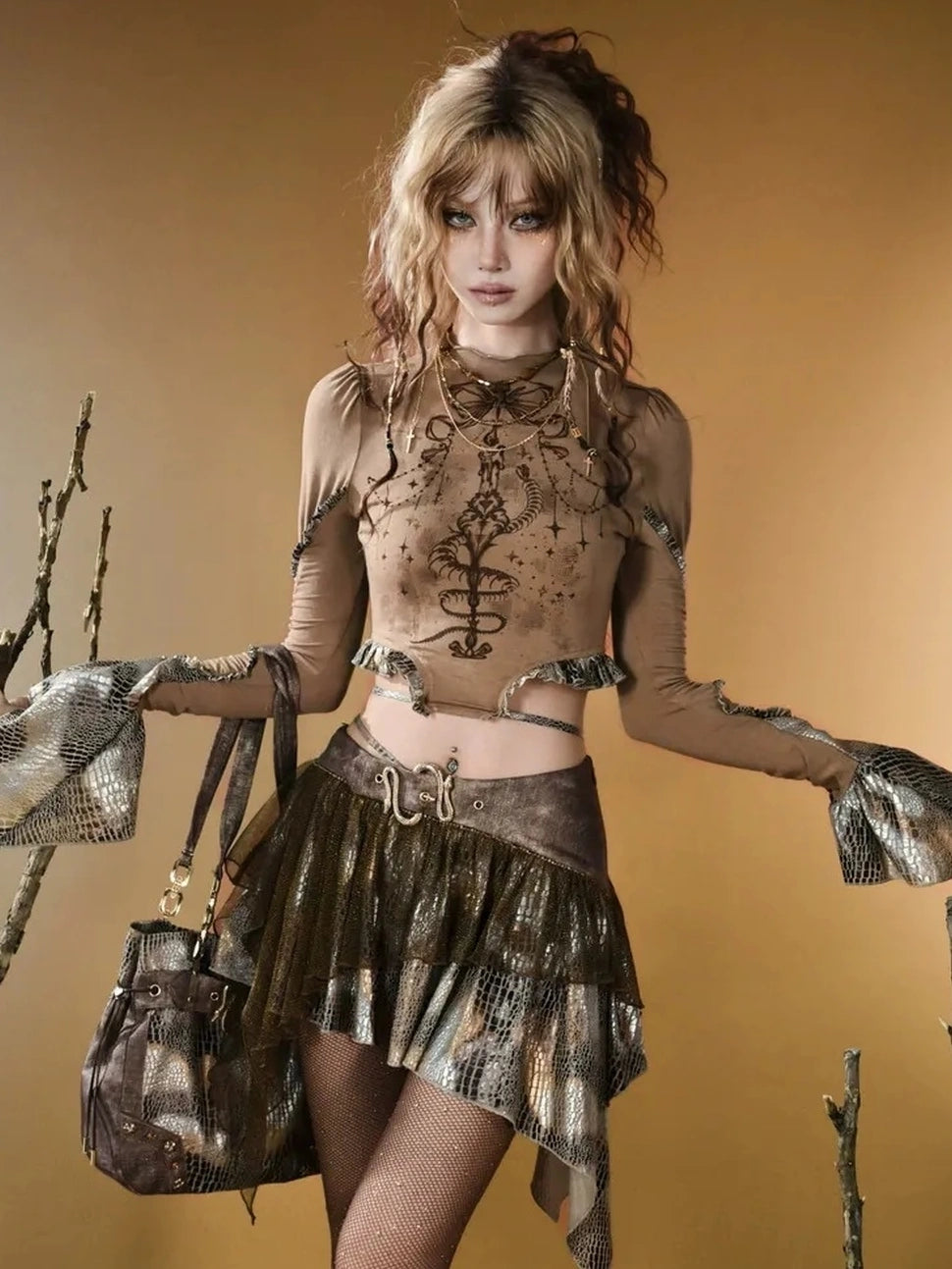 Virtual Orbit Vintage Snake Print Asymmetrical Low Waist Skirt