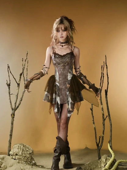 Virtual Orbit Vintage Snake Print Ruched Bustier Dress