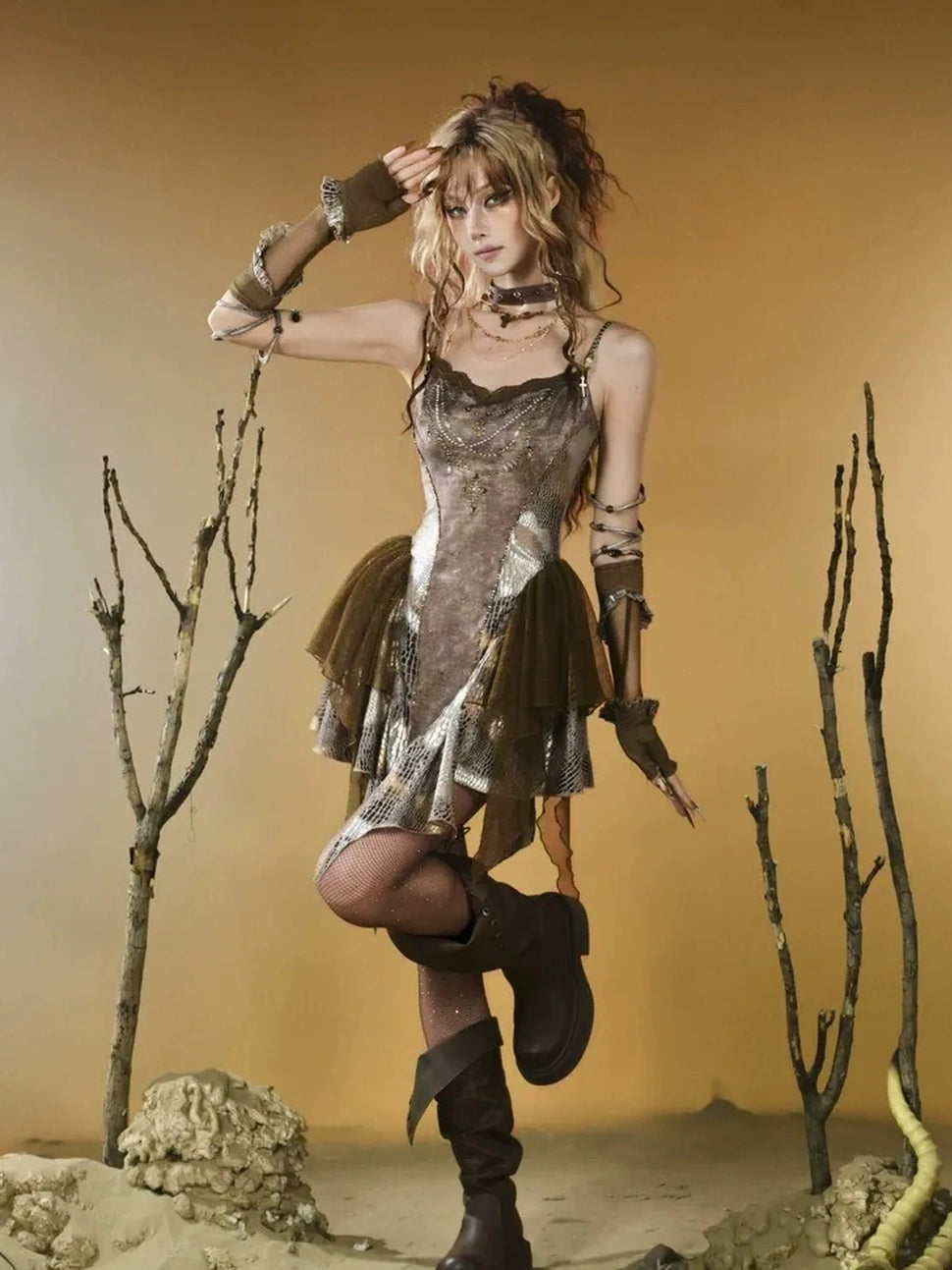 Virtual Orbit Vintage Snake Print Ruched Bustier Dress