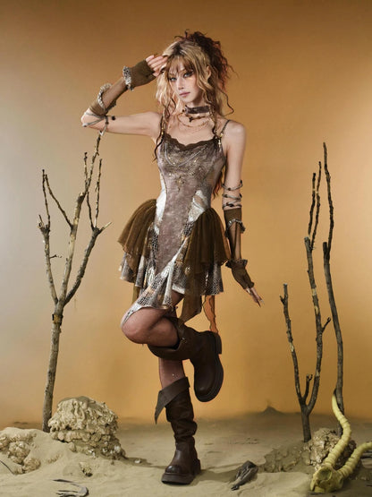 Virtual Orbit Vintage Snake Print Ruched Bustier Dress