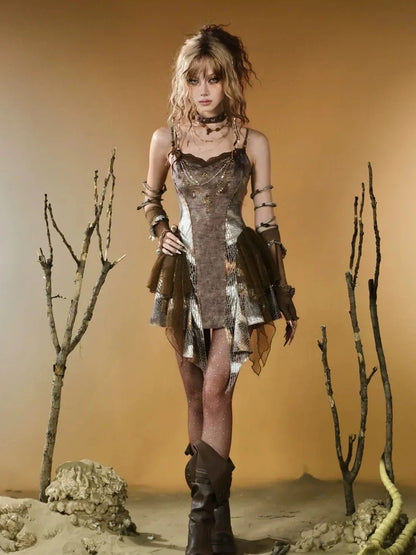 Virtual Orbit Vintage Snake Print Ruched Bustier Dress