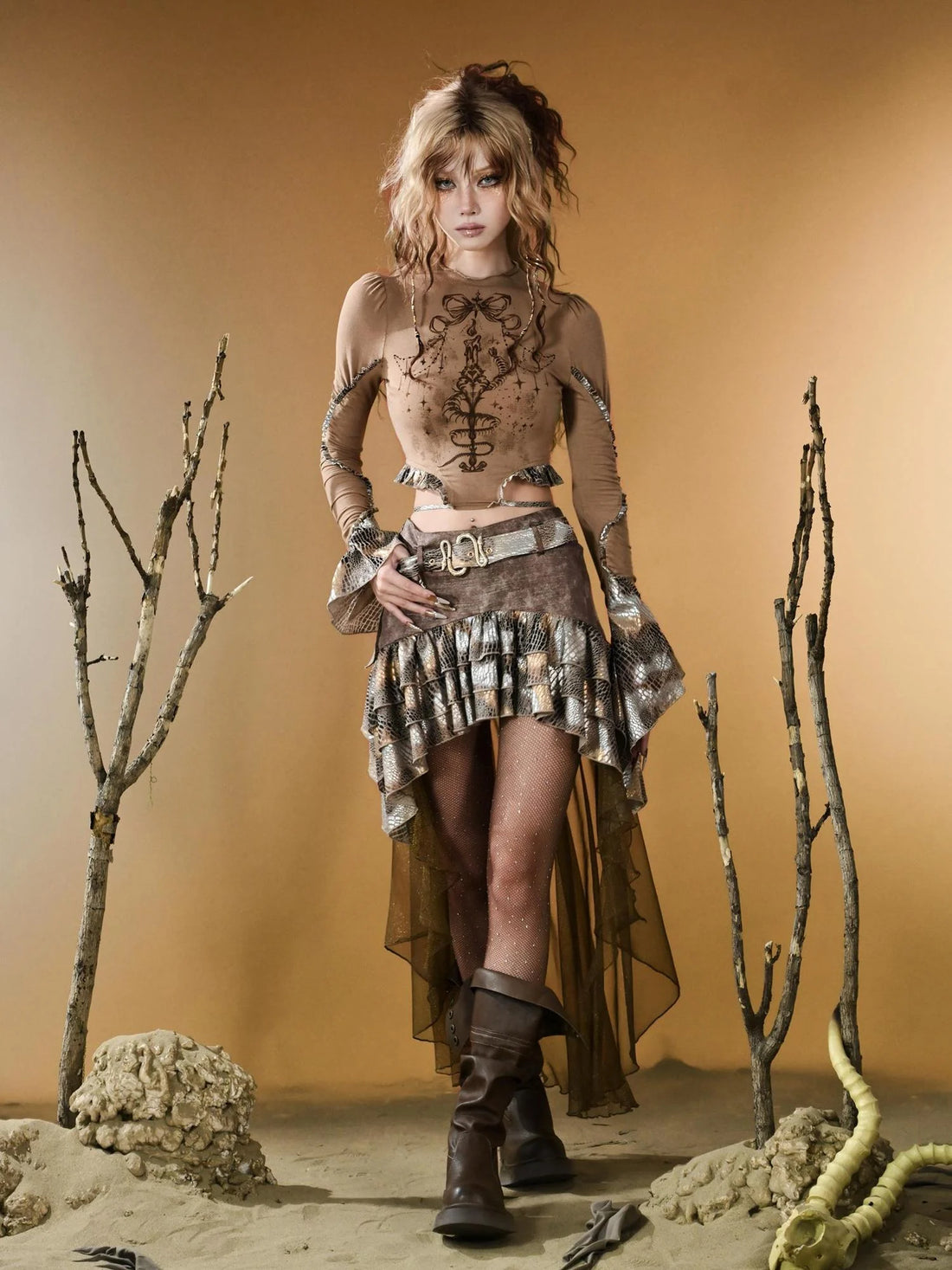 Virtual Orbit Vintage Snake Print Ruffle Trim Stretch Knit Top