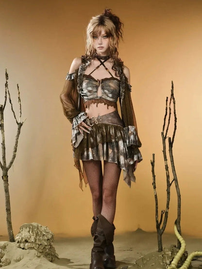 Virtual Orbit Vintage Snake Print Sheer Mesh Top