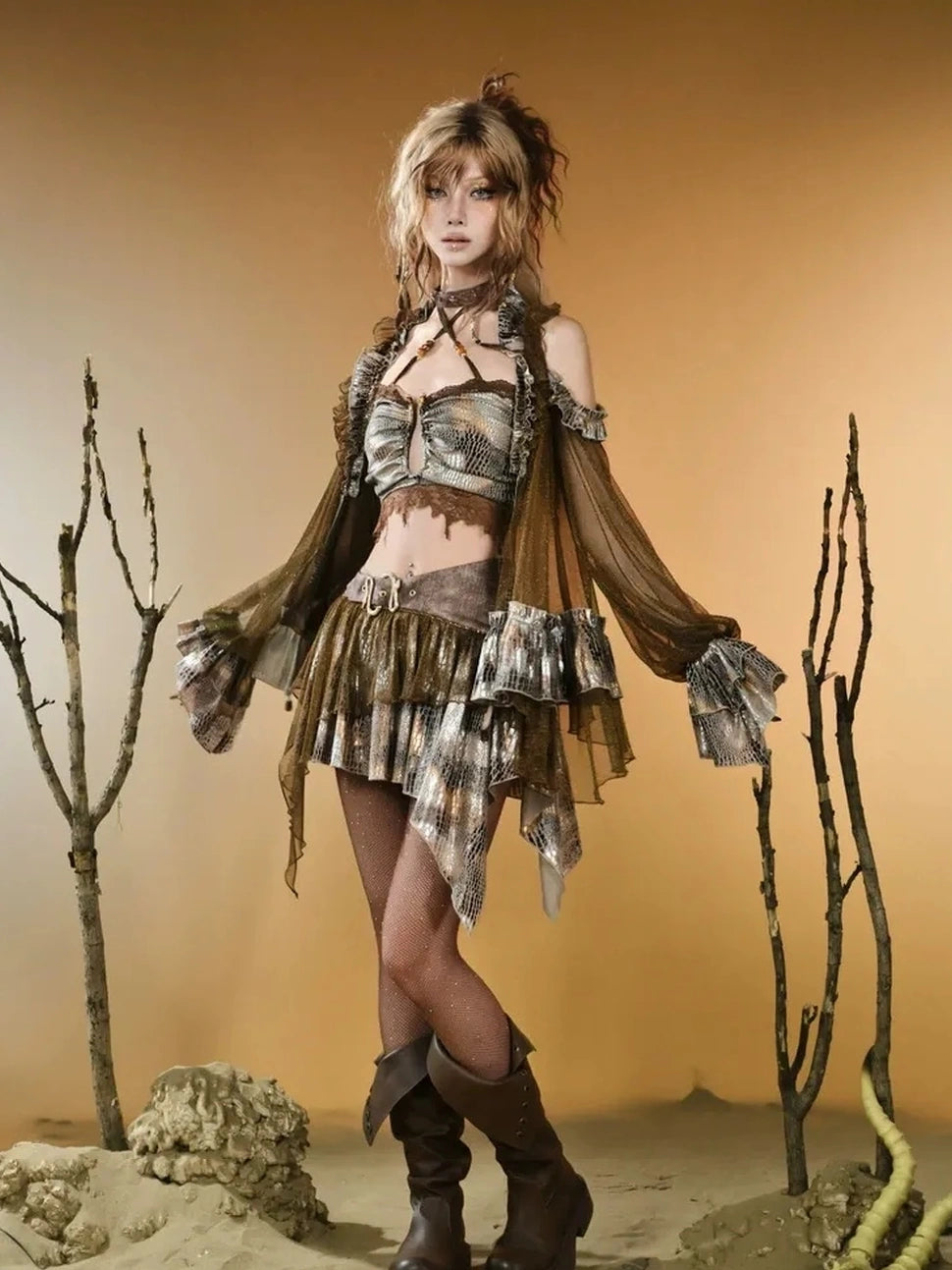 Virtual Orbit Vintage Snake Print Sheer Mesh Top