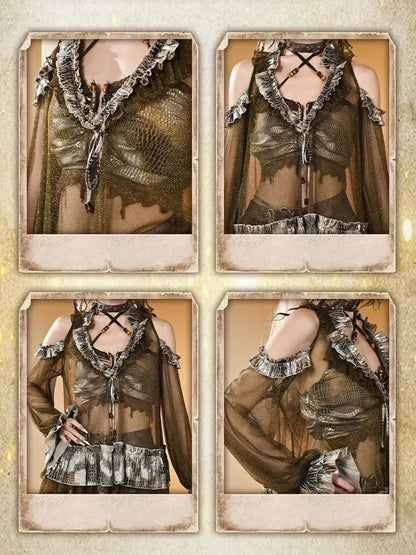 Virtual Orbit Vintage Snake Print Sheer Mesh Top