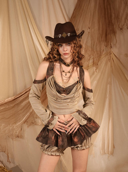 Virtual Orbit Wasteland Y2k Lace Faux Two Piece Puffy High Waist Women&