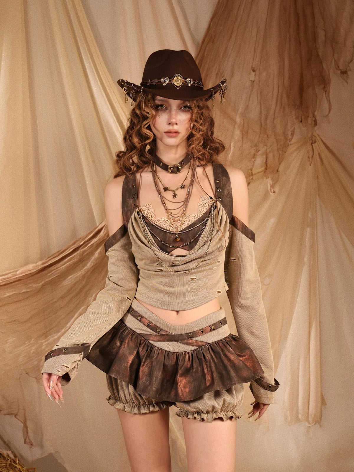 Virtual Orbit Wasteland Y2k Lace Faux Two Piece Puffy High Waist Women&