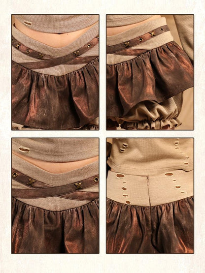 Virtual Orbit Wasteland Y2k Lace Faux Two Piece Puffy High Waist Women&