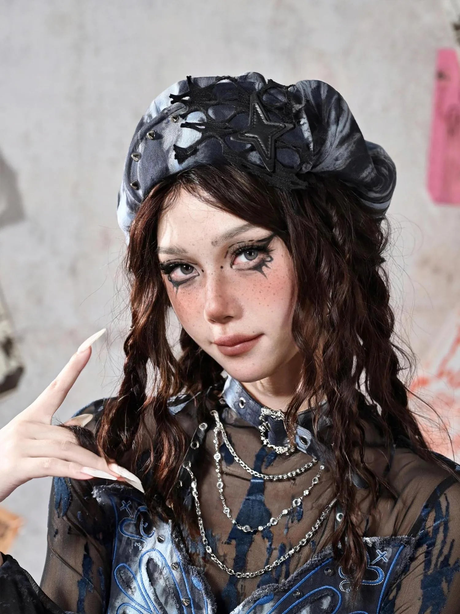 Virtual Orbit Y2K Grunge Fairy Punk Star Studded Beret
