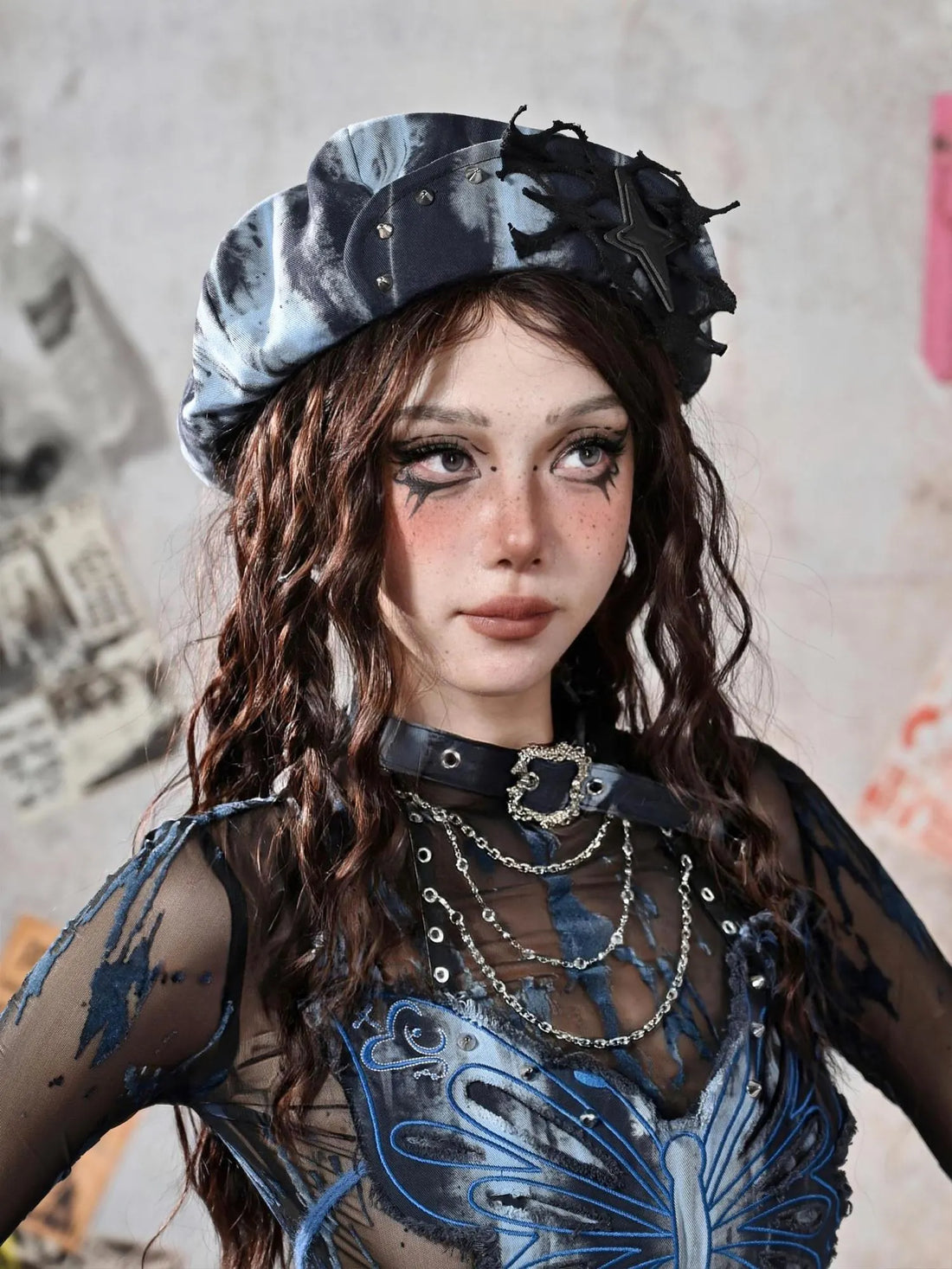 Virtual Orbit Y2K Grunge Fairy Punk Star Studded Beret