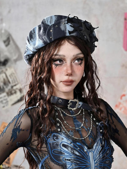 Virtual Orbit Y2K Grunge Fairy Punk Star Studded Beret