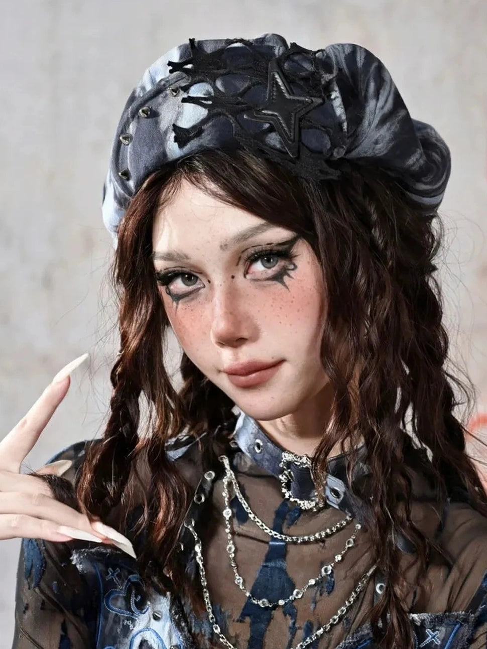 Virtual Orbit Y2K Grunge Fairy Punk Star Studded Beret
