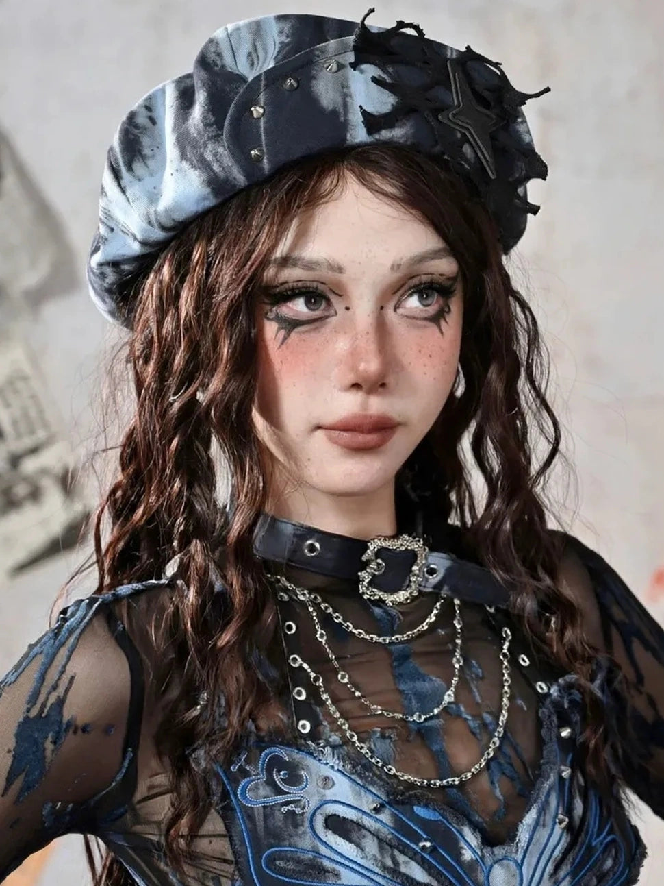 Virtual Orbit Y2K Grunge Fairy Punk Star Studded Beret