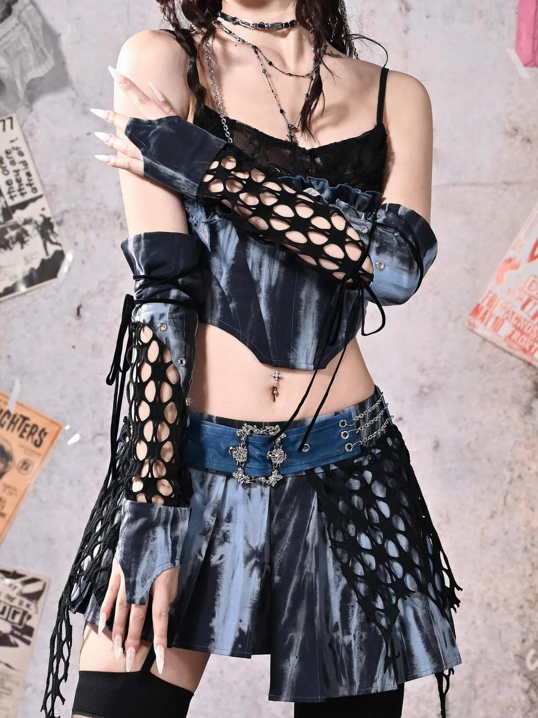 Virtual Orbit Y2K Patchwork Punk Rock Fingerless Gloves