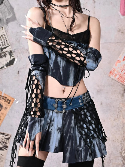 Virtual Orbit Y2K Patchwork Punk Rock Fingerless Gloves