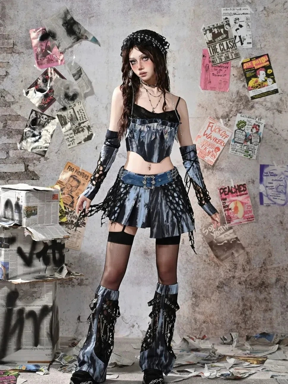 Virtual Orbit Y2K Patchwork Punk Rock Fingerless Gloves