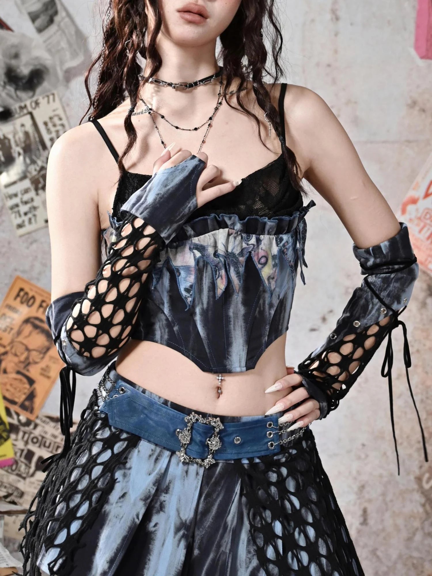 Virtual Orbit Y2K Patchwork Punk Rock Fingerless Gloves