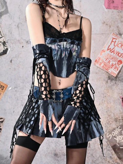 Virtual Orbit Y2K Patchwork Punk Rock Fingerless Gloves