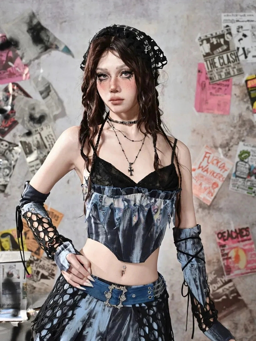 Virtual Orbit Y2K Patchwork Punk Rock Fingerless Gloves