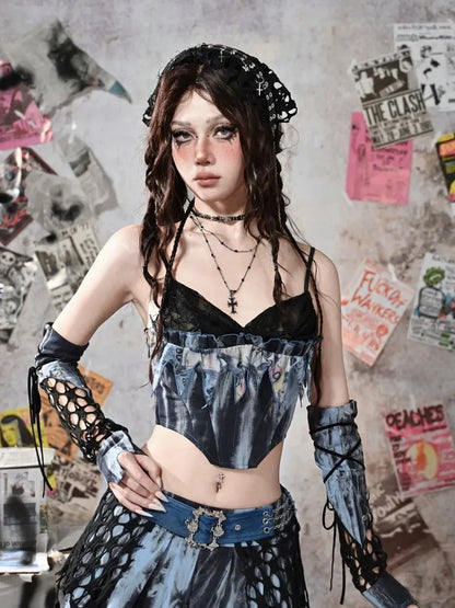 Virtual Orbit Y2K Patchwork Punk Rock Fingerless Gloves